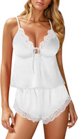 Kolagri Sexy Satin Pajama Set for Women Lace Lingerie Bow Ties Slip Sleepwear Cami Shorts Set Nightwear S-XXL