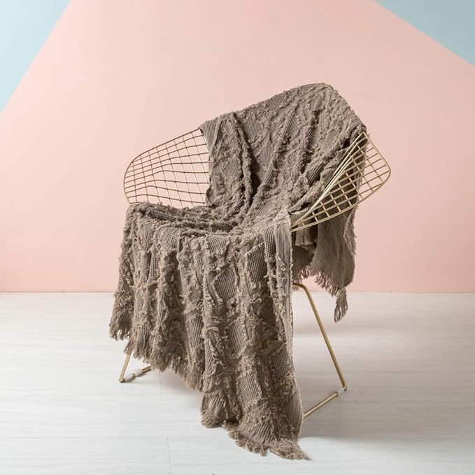 Simple&Opulence 100% Cotton Throw Blanket for Bed, Couch, Boho Textured Geometric Knit Woven Blanket with Tassels Soft, Lightweight Breathable Shabby Chic Farmhouse Decoration for All-Season(Brown)