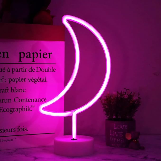LED Neon Moon Lights, Moon Shape Neon Signs Crescent Night Lights Battery Operated Desk Table Lamp for Bedroom, Bar, Wall Decor-Holder Base(Pink)