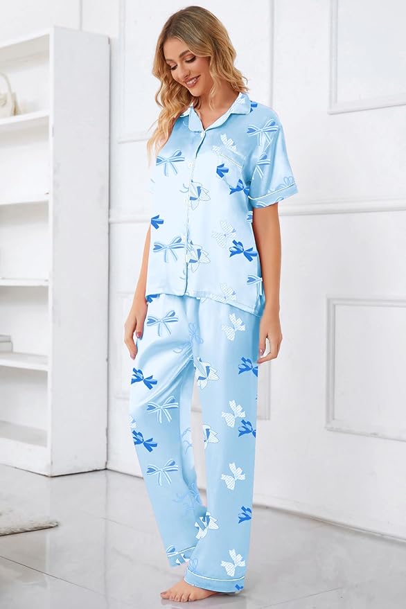 Umeyda Girls Womens Pajamas Set, Satin Silky Button Down Loungewear 2 Piece Short Sleeve Pants PJS Sets for Mommy Kids