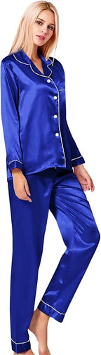 SWOMOG Womens Silk Satin Pajamas Set Long Sleeve Button Down Sleepwear 2 Piece Lounge Set Pj Set XS-3XL