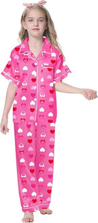 Umeyda Girls Womens Pajamas Set, Satin Silky Button Down Loungewear 2 Piece Short Sleeve Pants PJS Sets for Mommy Kids