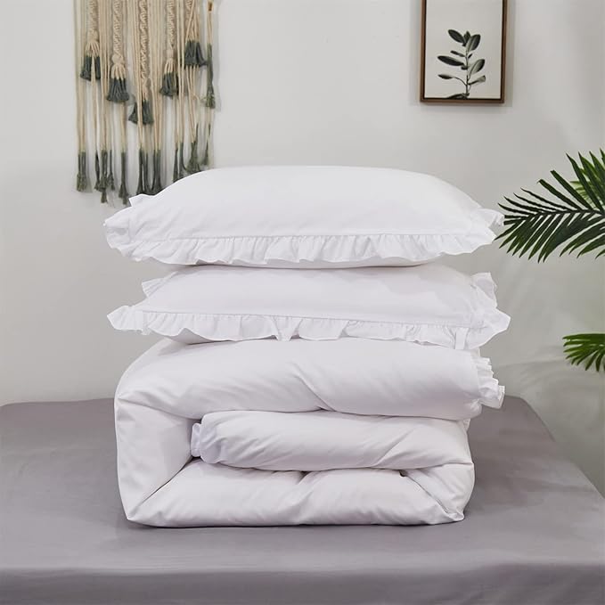 Cottonight White Comforter Set Queen Ruffle Bedding Comforter Set Farmhouse Boho Ruffles White Blanket Quilts Soft Breathable Bedding Set for Queen Bed