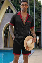 Ekouaer Men Satin Silk Pajamas Set with Pockets Sleepwear Shorts Satin Summer Loungewear 2 Piece Button Down Set S-3XL