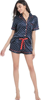 Serenedelicacy Women's Satin Pajama Set 2-Piece Sleepwear Loungewear Button Down Short Sleeve Silky PJ Set