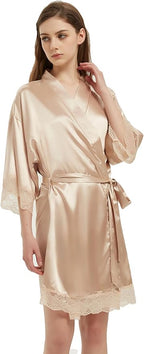 Kihnop Women's Satin Robe Silk Robe Lace Bridal Robes for Bride Bridesmaid Robes Silky Bathrobe Getting Ready Sleepwear