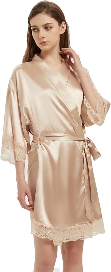 Kihnop Women's Satin Robe Silk Robe Lace Bridal Robes for Bride Bridesmaid Robes Silky Bathrobe Getting Ready Sleepwear