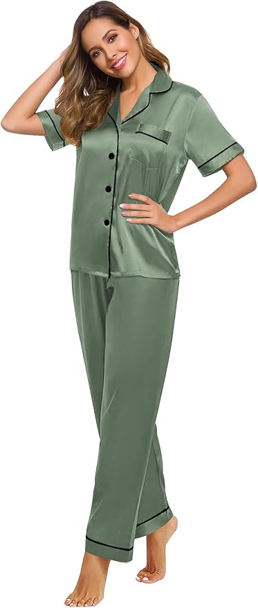 SWOMOG Women Satin Pajamas Set Short Sleeve Top & Pants Sleepwear Silky Button Down Nightwear 2pcs Loungewear Pjs Set