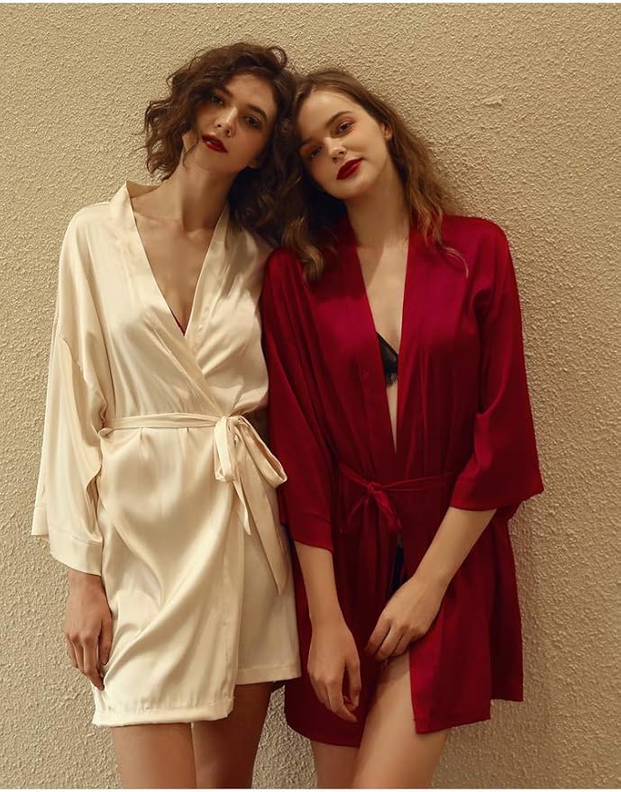 Women's Pure Short Satin Robes Bridesmaid and Bride Silky Robes Summer Sleepwear