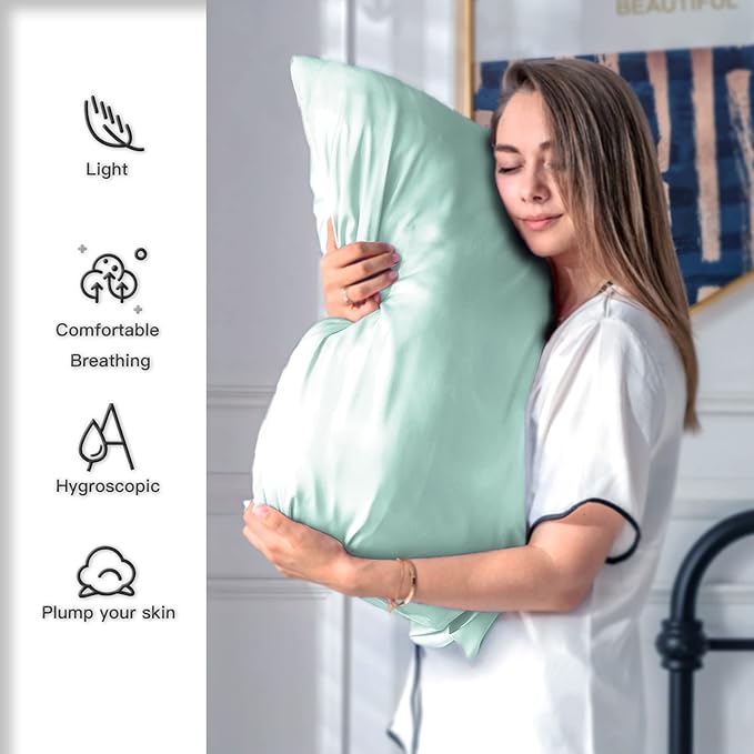 Silk Pillow Cases 2 Pack,Soft Breathable and Sliky Standard Size Pillow Cases Set of 2,Natural Mulberry Silk Pillowcase Set of 2 for Hair and Skin with Hidden Zipper (Sage Green,20"X 26",2pcs)