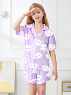 Umeyda Girls & Women Satin Pajamas Set Button Down 2 Piece Silk Pjs Shorts Set Ruffle Sleepwear, 5 Years-Women L