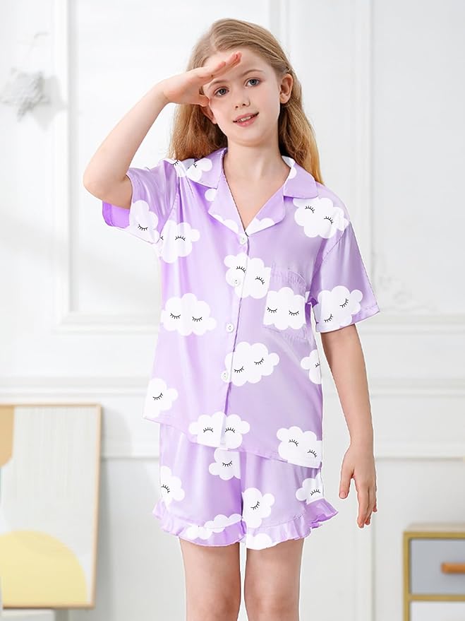 Umeyda Girls & Women Satin Pajamas Set Button Down 2 Piece Silk Pjs Shorts Set Ruffle Sleepwear, 5 Years-Women L
