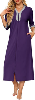 Ekouaer Women's Zipper Robe 3/4 Sleeves Housecoat Full Length Nightgown Soft Loungewear Robe with Pockets S-3XL