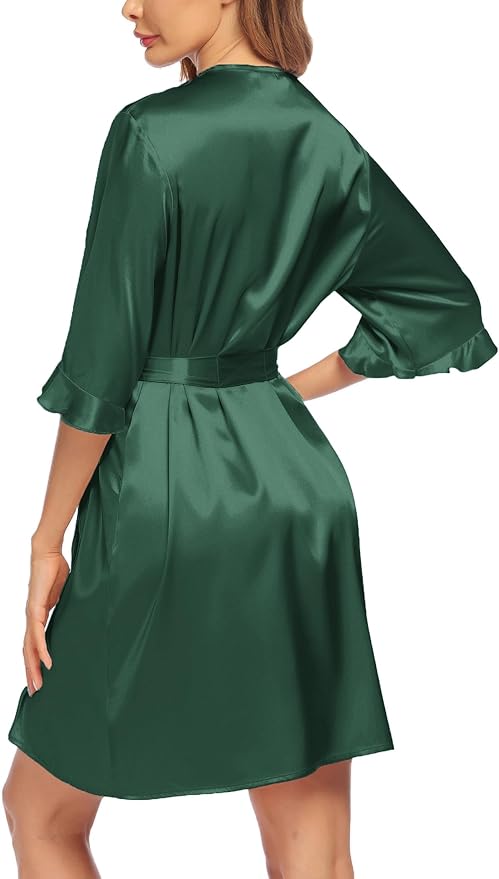 Ekouaer Women's Satin Robe Valentines Lingerie for Women Kimono Bathrobe Short Ruffle Belted Robes Bridesmaids Sleepwear