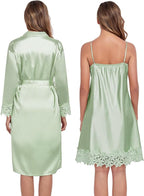 BestWendding Women's Silk Robe Set 2 Pieces Pajamas Sets Sexy Soft Satin Robe with V Neck Camisole Lingerie Nightgown
