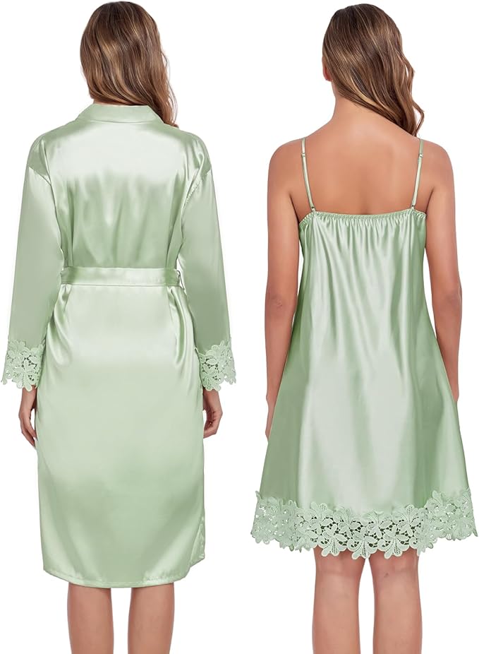 BestWendding Women's Silk Robe Set 2 Pieces Pajamas Sets Sexy Soft Satin Robe with V Neck Camisole Lingerie Nightgown