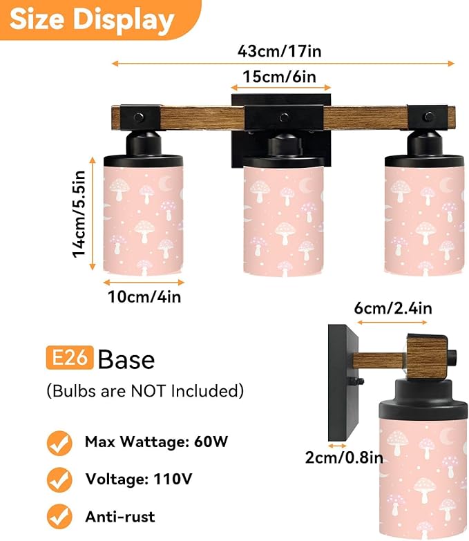 Vanity Lights for Bathroom Wall Lights for Bedroom Living Room Cute Pink Mushroom Crescent Moon Soft Peach Modern Bathroom Light Fixtures Wall Sconces 3 Light Home Decor