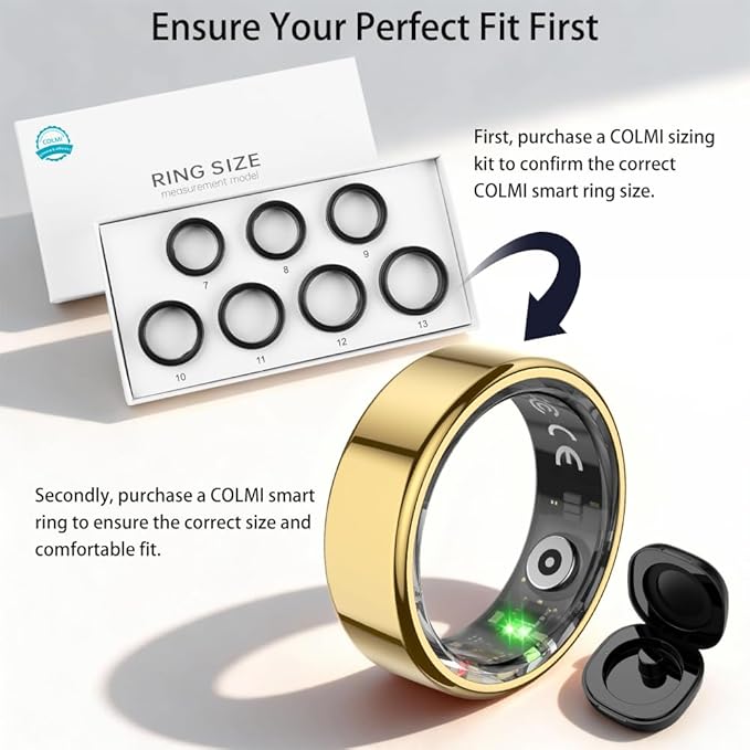 COLMI R02 smart Ring, a smart Ring for Women and Men, with a Charging case, Supports Heart Rate, Blood Oxygen, Sleep Health Monitoring, and Sports Tracking Ring, No Subscription Fee. (Gold, 7#)