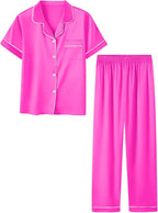 Umeyda Girls Womens Pajamas Set, Satin Silky Button Down Loungewear 2 Piece Short Sleeve Pants PJS Sets for Mommy Kids