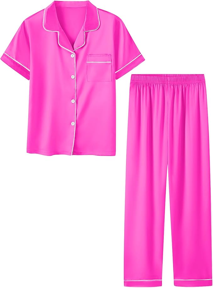 Umeyda Girls Womens Pajamas Set, Satin Silky Button Down Loungewear 2 Piece Short Sleeve Pants PJS Sets for Mommy Kids