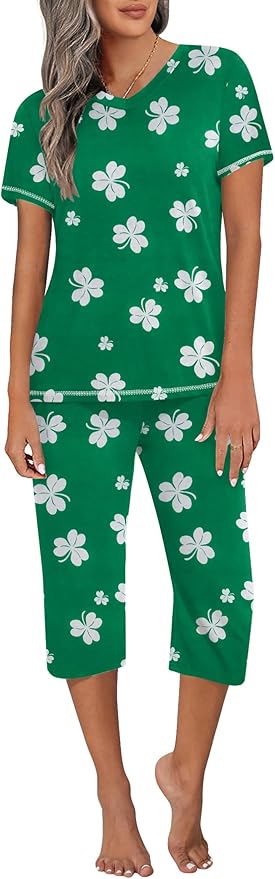 Ekouaer Women's Sleepwear Capri Pajama Sets Short Sleeve Two-Piece Pjs V Neck Tops & Capri Pants with Pockets S-3XL