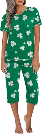 Ekouaer Women's Sleepwear Capri Pajama Sets Short Sleeve Two-Piece Pjs V Neck Tops & Capri Pants with Pockets S-3XL