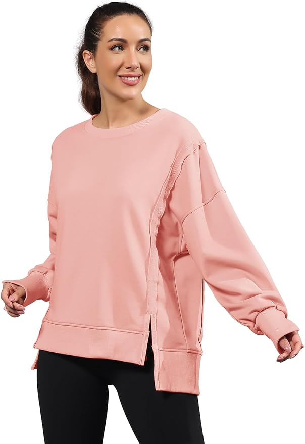 Nirovien Womens Oversized Crewneck Sweatshirt Side Slit Long Sleeve Pullover Slouchy Fit Tops