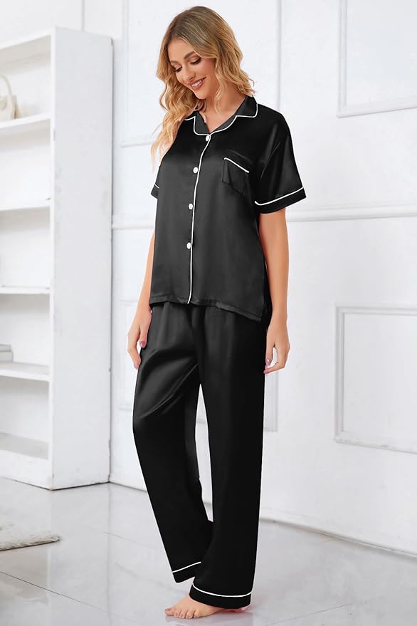 Umeyda Girls Womens Pajamas Set, Satin Silky Button Down Loungewear 2 Piece Short Sleeve Pants PJS Sets for Mommy Kids