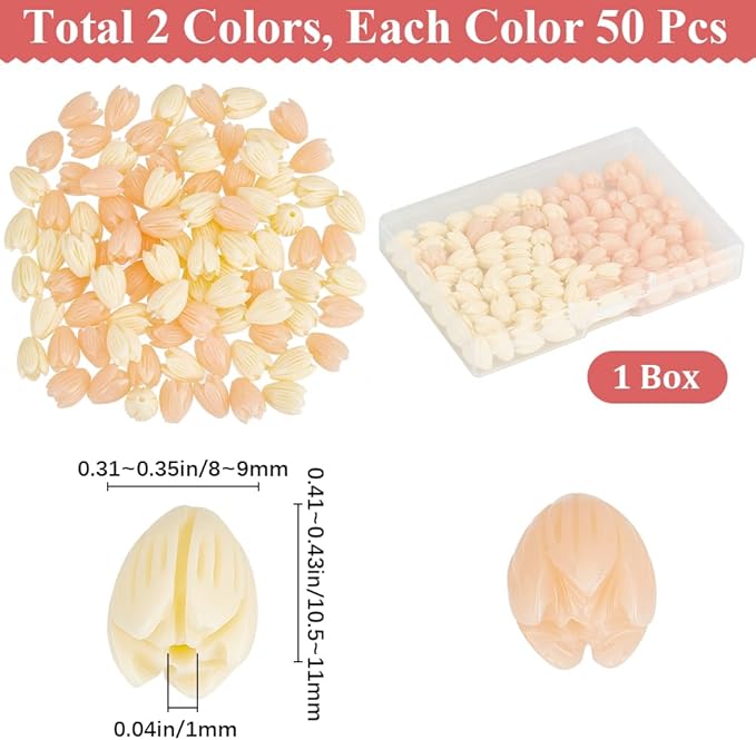 100pcs 9x11mm Flower Shape Beads Light Pink Flower Beads Artificial Synthetic Coral Peach Color and Creamy White Spring Flowers Loose Spacer Jasmine Bead for Jewelry Making Necklace Bracelet