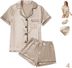 WJing Yi Jia 4Pcs Womens Satin Silky Pajama Sets Short Sleeve Shirt XS-4XL Floral Pajamas Set Soft PJ Loungewear Sleepwear