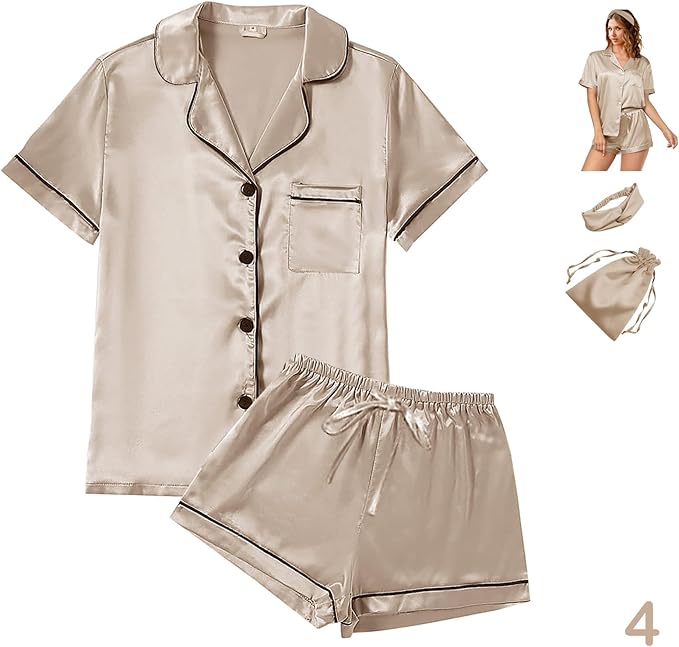 WJing Yi Jia 4Pcs Womens Satin Silky Pajama Sets Short Sleeve Shirt XS-4XL Floral Pajamas Set Soft PJ Loungewear Sleepwear