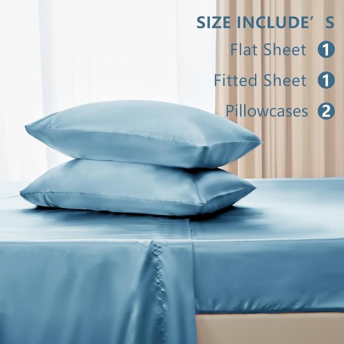 CozyLux Satin Sheets Full Size Sheets - 4 Piece Silky Full Size Bed Sheets, Luxury Sky Blue Full Bed Set with Smooth and Soft Microfiber, Includes 1 Fitted Sheet, 1 Flat Sheet and 2 Pillowcases