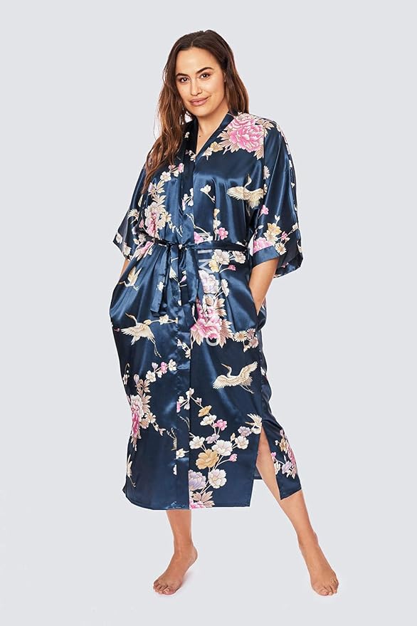 KIM+ONO Plus Size Luxury Kimono Robe for Women | Long Satin Floral Robe | Original Design | Removable Waist Tie Closure
