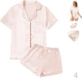 WJing Yi Jia 4Pcs Womens Satin Silky Pajama Sets Short Sleeve Shirt XS-4XL Floral Pajamas Set Soft PJ Loungewear Sleepwear