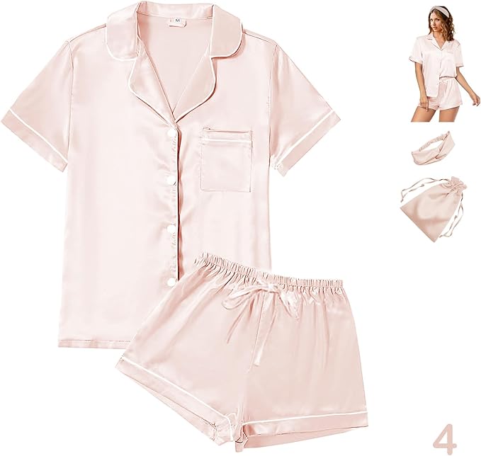 WJing Yi Jia 4Pcs Womens Satin Silky Pajama Sets Short Sleeve Shirt XS-4XL Floral Pajamas Set Soft PJ Loungewear Sleepwear