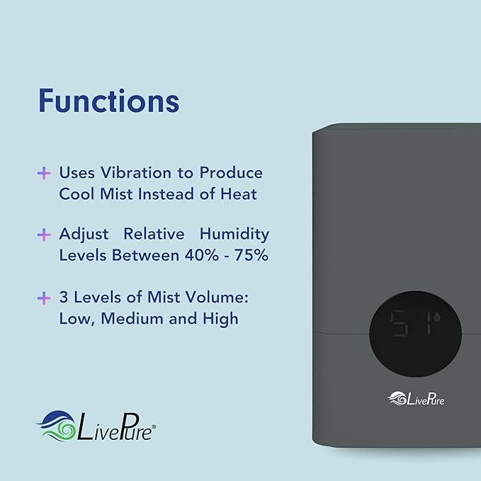 LivePure 1.2 L (.3 Gallon) Ultrasonic Cool Mist Top Fill Digital Humidifier with LED Display Screen, Graphite