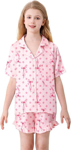 Umeyda Girls & Women Satin Pajamas Set Button Down 2 Piece Silk Pjs Shorts Set Ruffle Sleepwear, 5 Years-Women L
