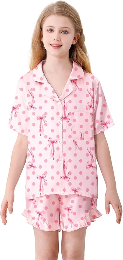Umeyda Girls & Women Satin Pajamas Set Button Down 2 Piece Silk Pjs Shorts Set Ruffle Sleepwear, 5 Years-Women L