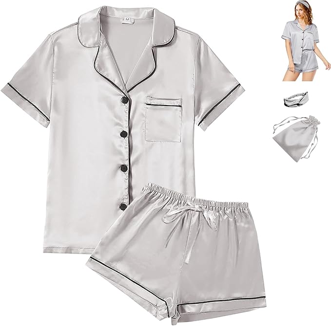 WJing Yi Jia 4Pcs Womens Satin Silky Pajama Sets Short Sleeve Shirt XS-4XL Floral Pajamas Set Soft PJ Loungewear Sleepwear