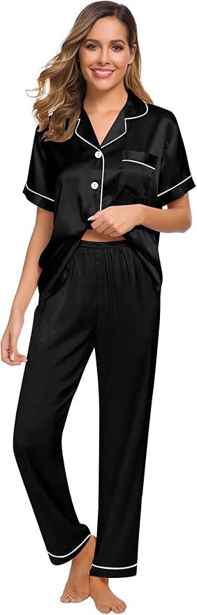 SWOMOG Women Satin Pajamas Set Short Sleeve Top & Pants Sleepwear Silky Button Down Nightwear 2pcs Loungewear Pjs Set