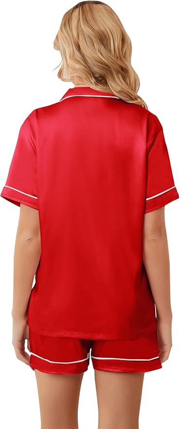 Umeyda Women & Girls Pajamas Set, Soft Satin Lightweight Silk Button-Down Top with Shorts 2 Piece PJS for Mom Boys Kids Gifts