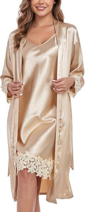 BestWendding Women's Silk Robe Set 2 Pieces Pajamas Sets Sexy Soft Satin Robe with V Neck Camisole Lingerie Nightgown