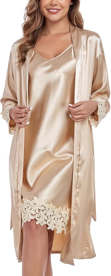 BestWendding Women's Silk Robe Set 2 Pieces Pajamas Sets Sexy Soft Satin Robe with V Neck Camisole Lingerie Nightgown