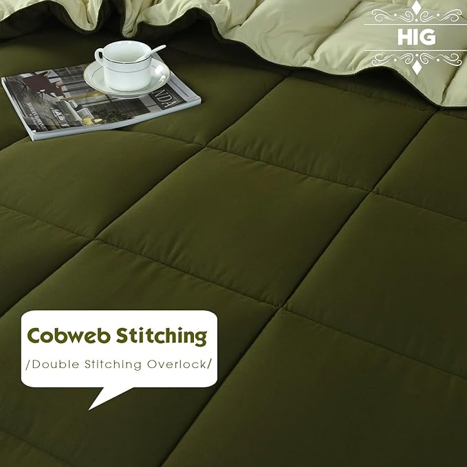 HIG 3pc Olive Green Queen Comforter Set - All Season Reversible Down Alternative Comforter with Two Shams - Quilted Duvet Insert with Corner Tabs - Box Stitched - Breathable, Soft, Fluffy