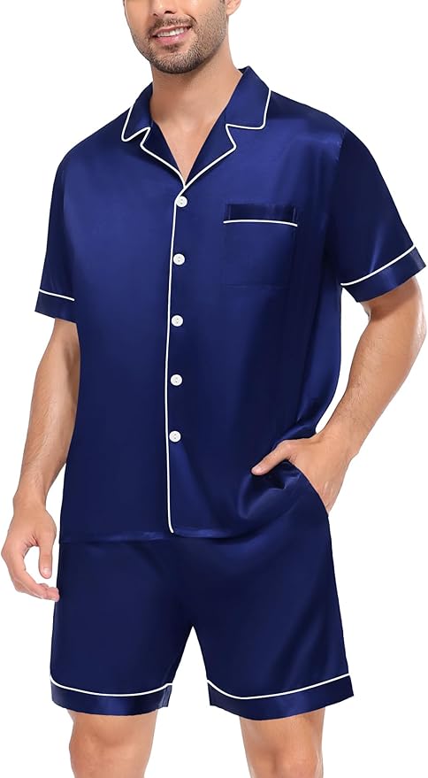 SWOMOG Satin Matching Pajamas Sets Couple Silk Button Down Nightwear Women & Men Short Sleeve Sleepwear 2 Pieces Loungewear