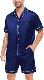 SWOMOG Satin Matching Pajamas Sets Couple Silk Button Down Nightwear Women & Men Short Sleeve Sleepwear 2 Pieces Loungewear