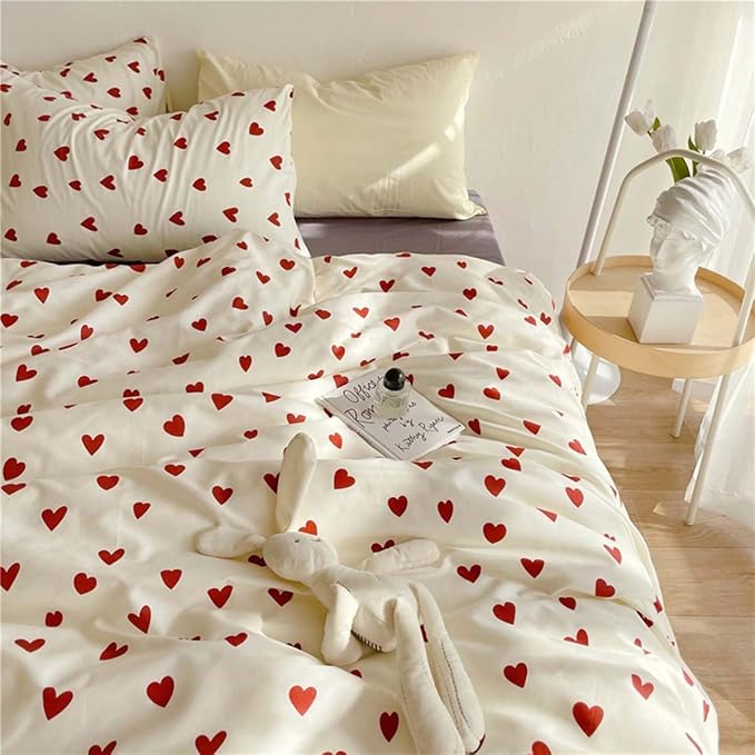 Nayoroom Heart Duvet Cover Queen Size Cute Red Love Heart Printed on White Bedding Set 3Pcs Kids Girls Kawaii Heart-Shaped Pattern Comforter Cover with Zipper Closure Soft Breathable Microfiber