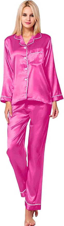 SWOMOG Womens Silk Satin Pajamas Set Long Sleeve Button Down Sleepwear 2 Piece Lounge Set Pj Set XS-3XL