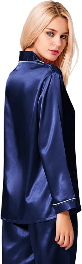 SWOMOG Womens Silk Satin Pajamas Set Long Sleeve Button Down Sleepwear 2 Piece Lounge Set Pj Set XS-3XL