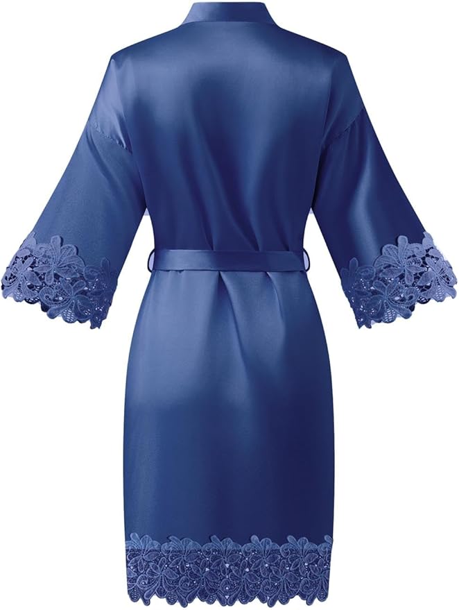 Womens Short Satin Robe Lace Trim Silk Kimono Sleepwear Bridesmaid Robes for Bride Wedding Party Nightgown